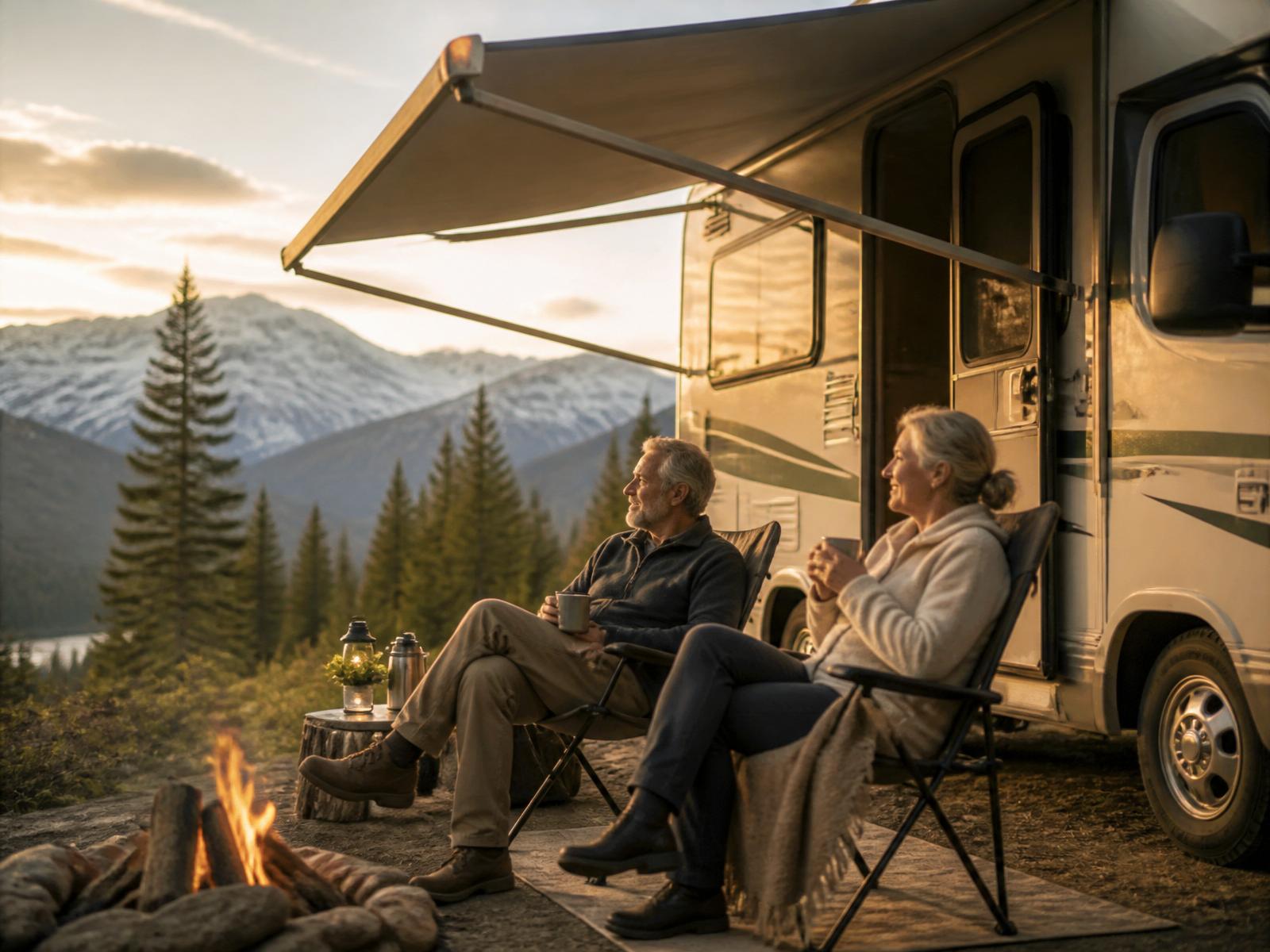 A couple relaxing beside their motorhome at a mountain campsite