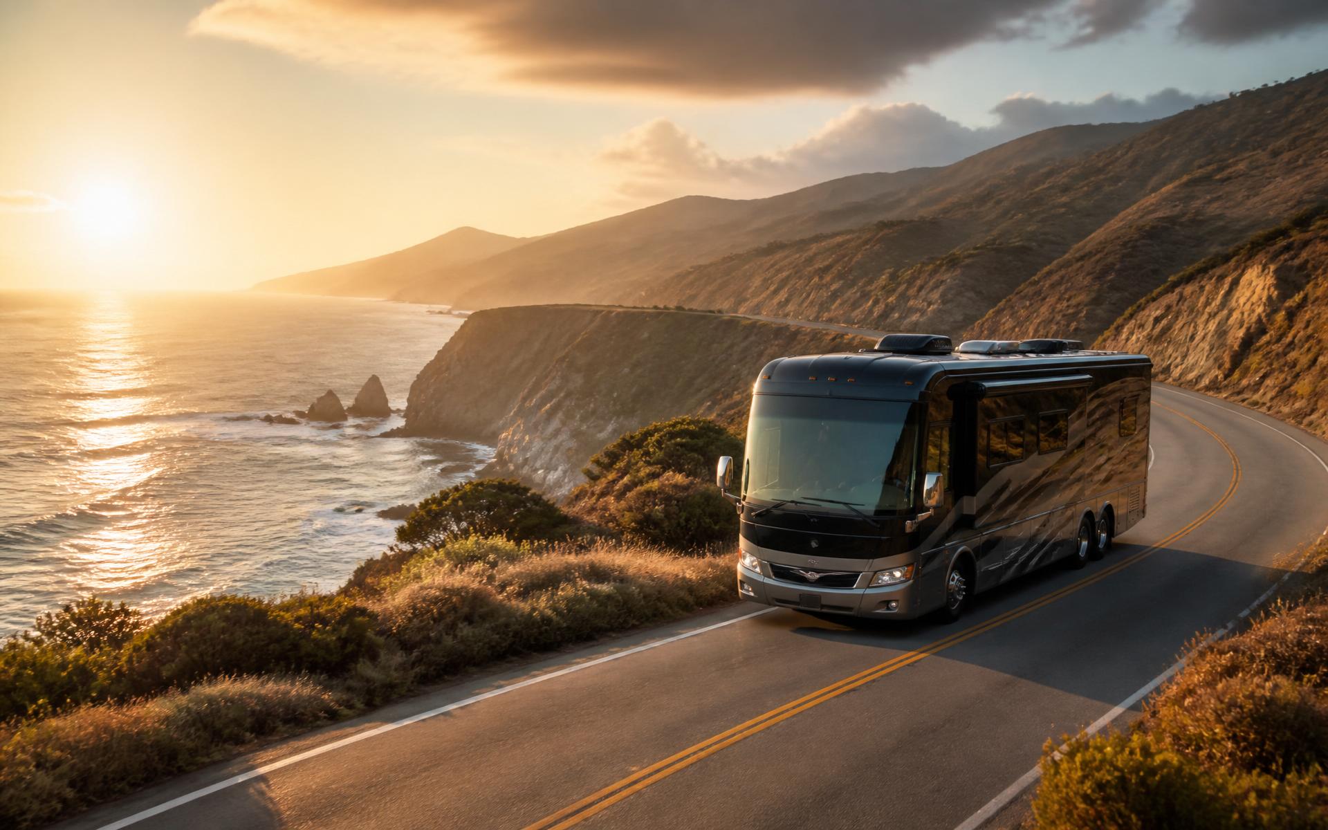 A motorhome driving along a coastal highway at golden hour